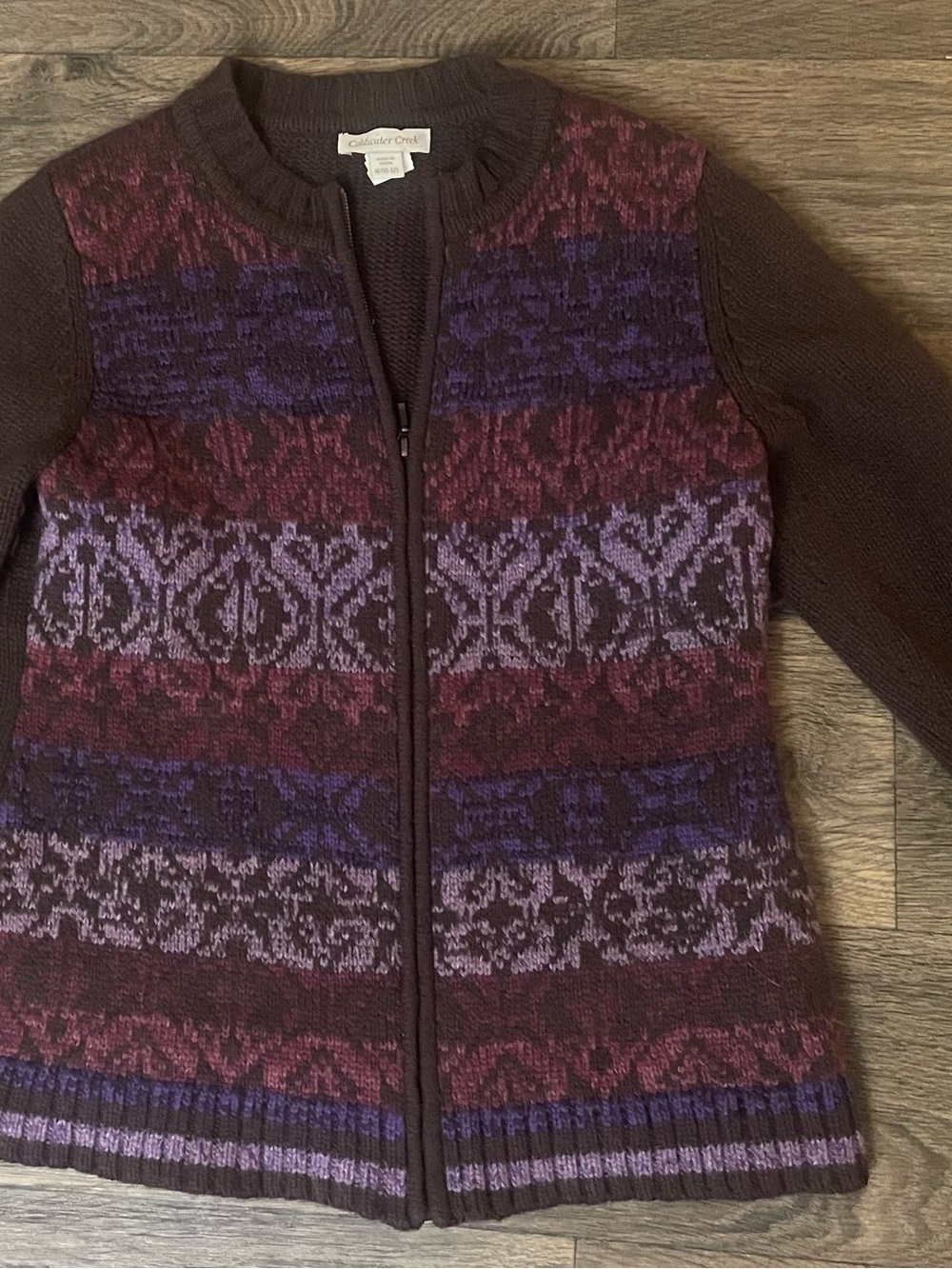 Coldwater Creek Brown, Purple & Mauve Zip-Front Patterned Cardigan